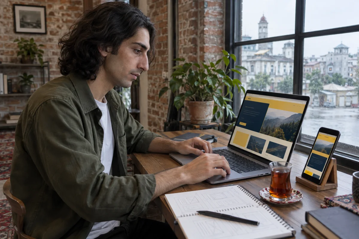 توسعهدهندهٔ ایرانی در حال مقایسهٔ رابط وب روی لپتاپ و موبایل